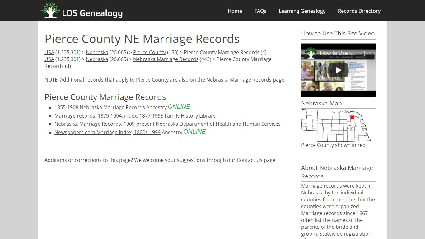Pierce County NE Marriage Records - LDS Genealogy