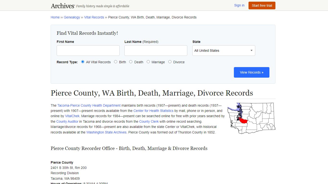 Pierce County, WA Birth, Death, Marriage, Divorce Records